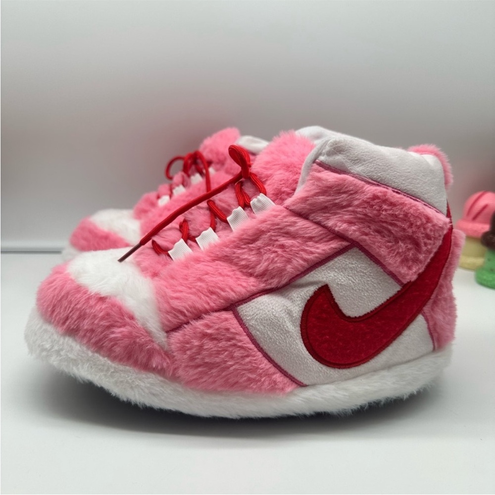 Pink Faux-Fur High-Top Sneaker Slippers with Red Swoosh